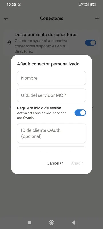 Formulario vacío para añadir un conector personalizado en Claude
