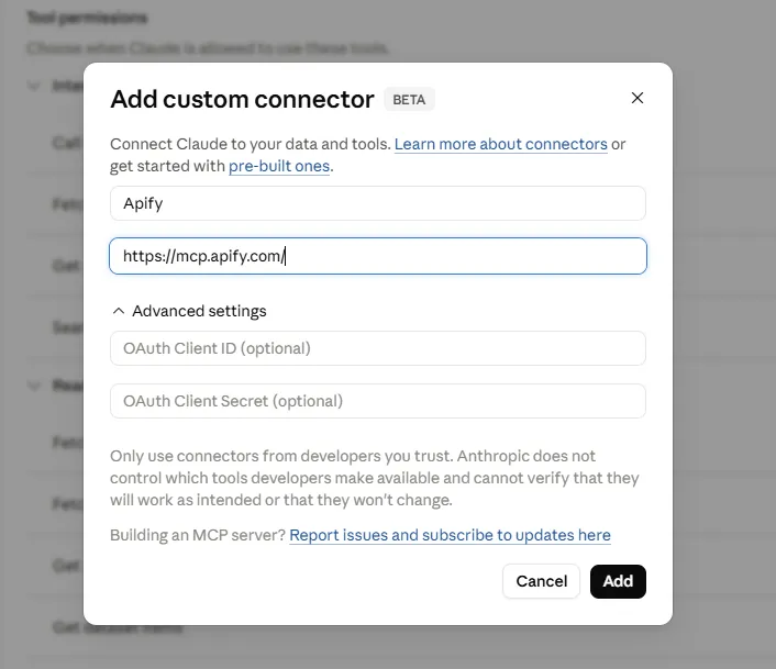 Configurar el conector personalizado de Apify