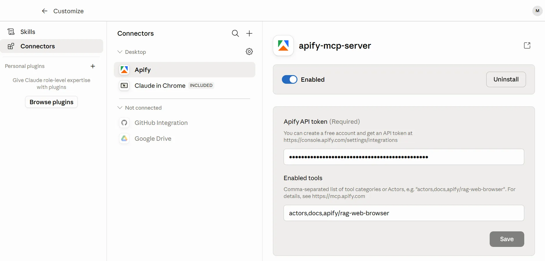 Añadir el token de Apify en el conector de Claude