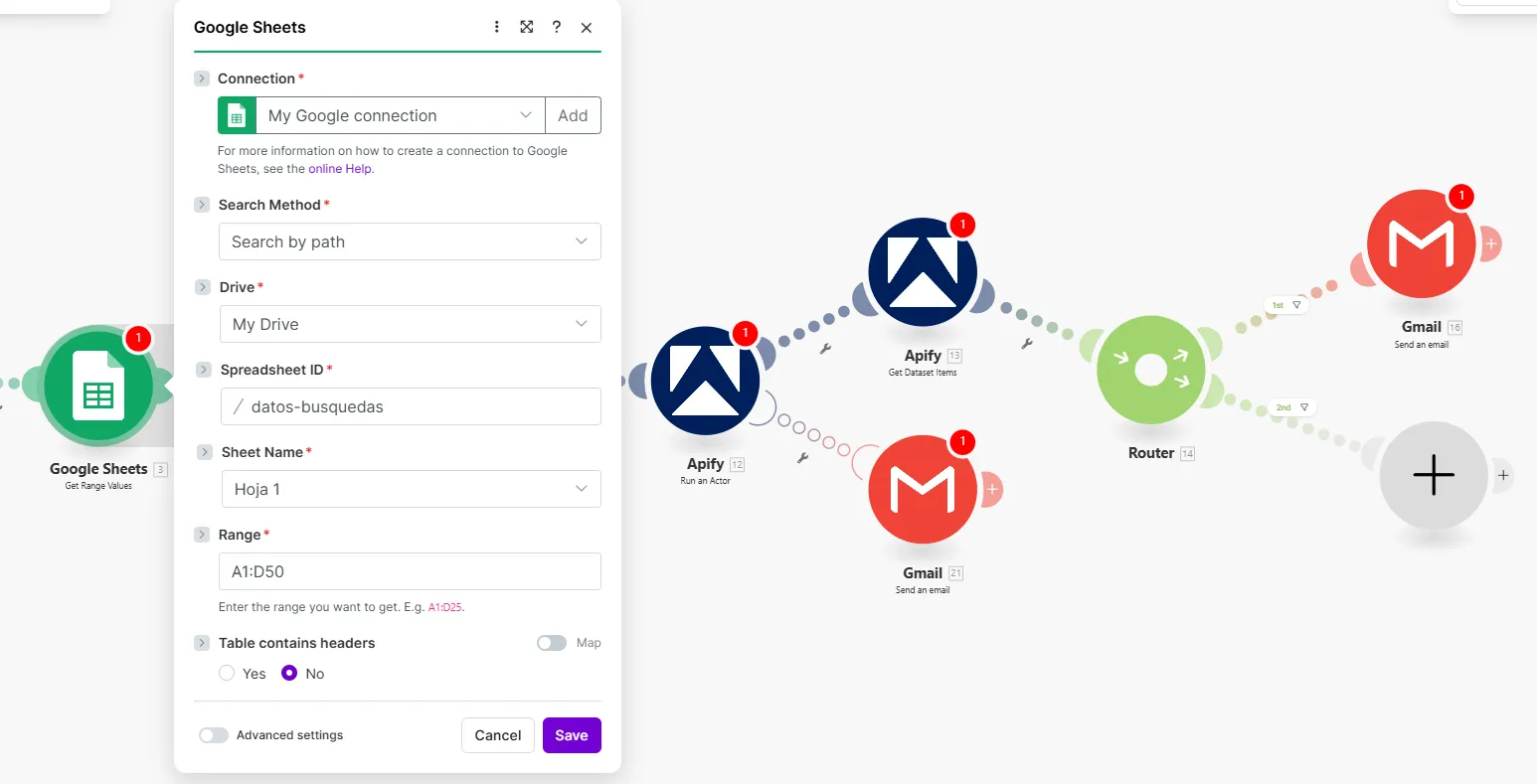 Configurar módulo de Hoja de Cálculo de Google en Make