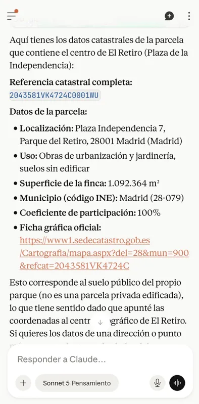 Ficha catastral de la parcela devuelta por Claude