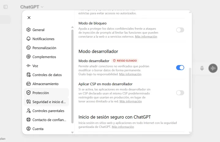 Ajustes de ChatGPT con el interruptor del Modo desarrollador activado