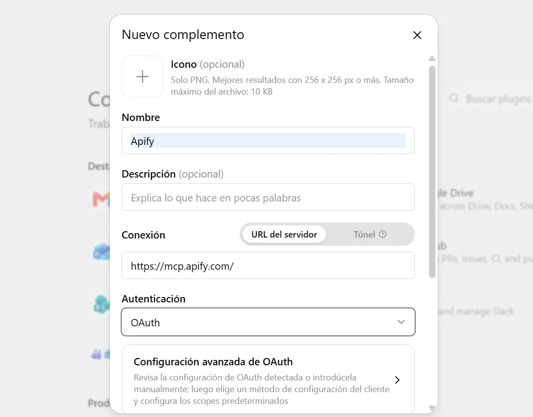 Añadir el complemento de Apify en ChatGPT