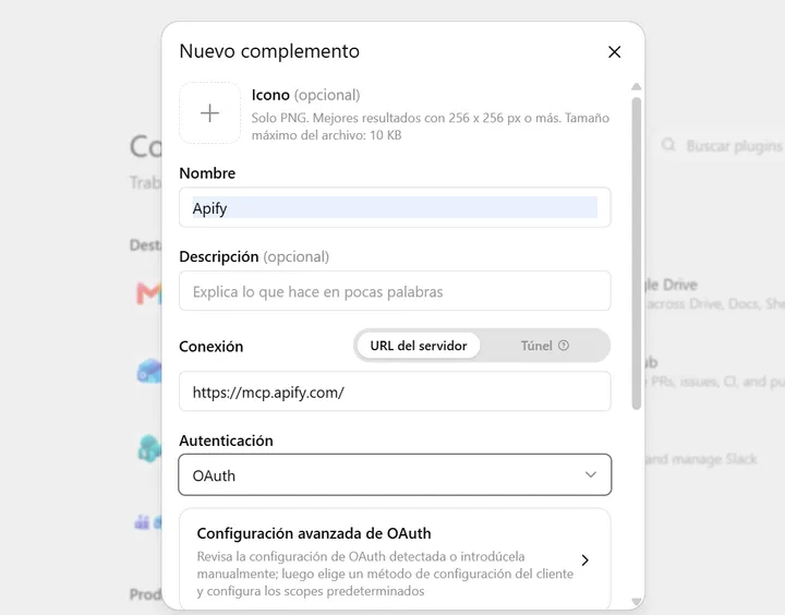 Formulario de nuevo complemento en ChatGPT con el nombre Apify, la URL del servidor MCP y la autenticación OAuth