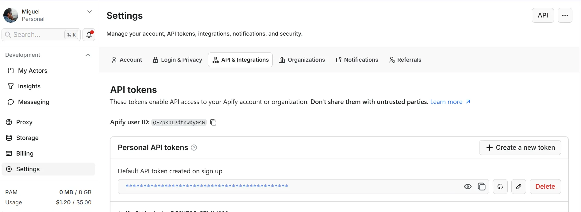 Personal API tokens en Apify